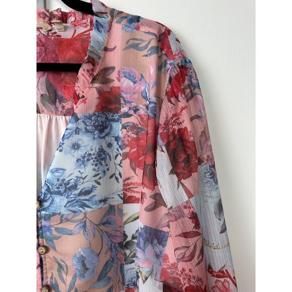 Soft Surroundings Women’s 3X Anastasia Blue Floral Patchwork Blouse Button A34 - Picture 2 of 8